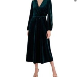 Classic Velvet Wrap Midi Dress - Dark Green